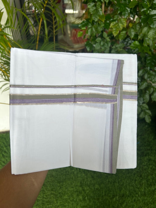 20% Discount ! Kaitharikada Balaramapuram 100% Cotton PURE WHITE Double Mundu/Dothi - 100x80 - 1 inch Silver Kasavu Sage Green Grey & Purple Striped Design Kara - 35KK5182VAS