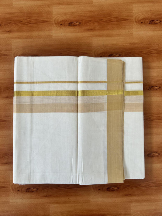 Double Off White (Unbleached) Mundu/Dothi- 20% Discount! Kaitharikada 100% Pure Cotton - 100x80 - 1.75 inch Gold Kasav & Sand Brown Shaded Kara 4 mtr (8.5 muzham) - 6 KK5455 THI