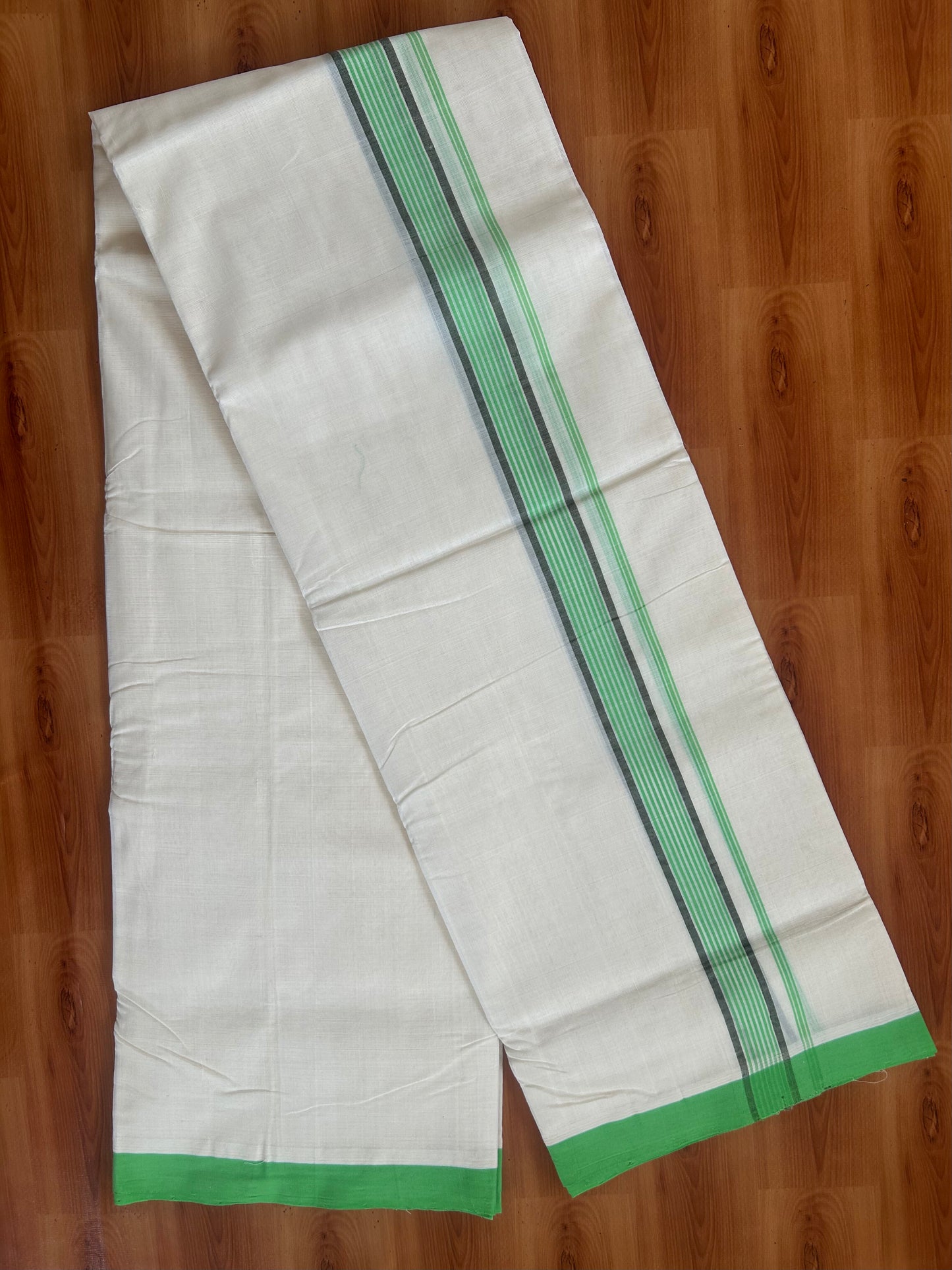 25% Discount ! KaithariKada Handloom Unakkupaav - Kerala Handloom - 100% Pure Cotton Off White (Unbleached) Double Mundu/Dhoti - 100X80 - 1.25 inch Parrot Green & Army Green Striped Kara 3.80 Mtr (8 Muzham) - 28 KK5380 SOM