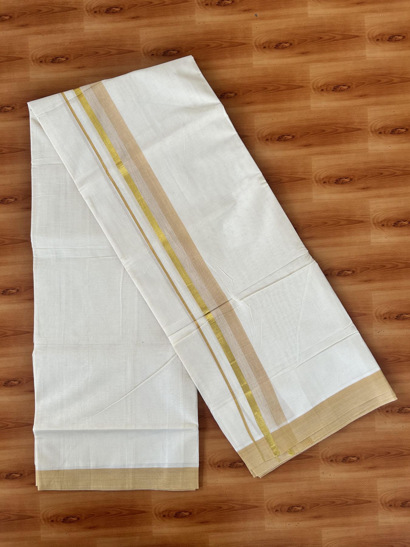 Double Off White (Unbleached) Mundu/Dothi- 20% Discount! Kaitharikada 100% Pure Cotton - 100x80 - 1.75 inch Gold Kasav & Sand Brown Shaded Kara 4 mtr (8.5 muzham) - 6 KK5455 THI