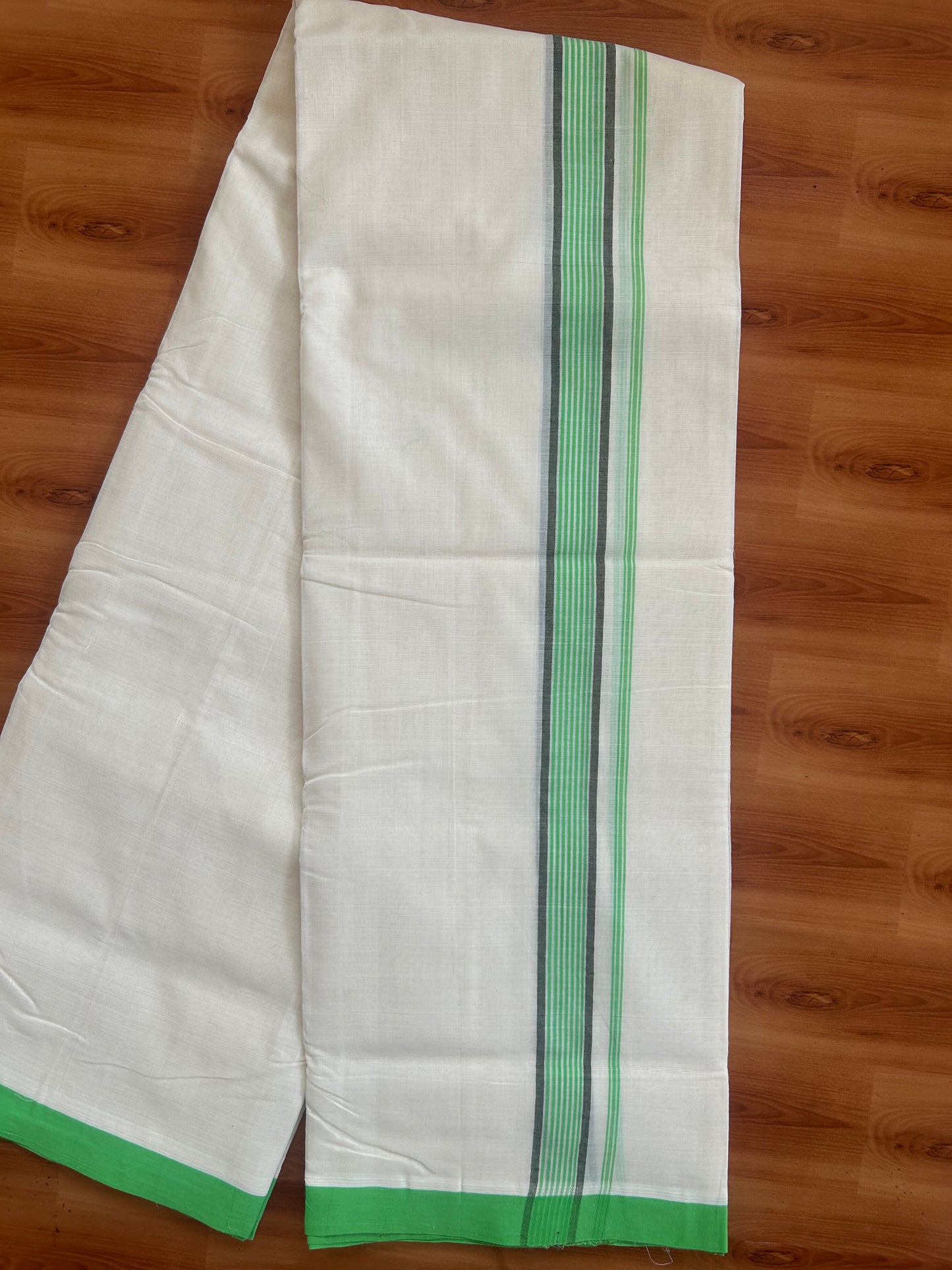 25% Discount ! KaithariKada Handloom Unakkupaav - Kerala Handloom - 100% Pure Cotton Off White (Unbleached) Double Mundu/Dhoti - 100X80 - 1.25 inch Parrot Green & Army Green Striped Kara 3.80 Mtr (8 Muzham) - 28 KK5380 SOM