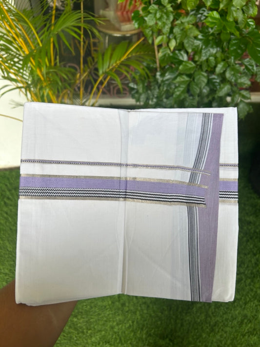 20% Discount ! Kaitharikada Balaramapuram 100% Cotton PURE WHITE Double Mundu/Dothi - 100x80 - 1 inch Silver Kasavu Lavender & Black Striped Design Kara - 66KK5182VAS