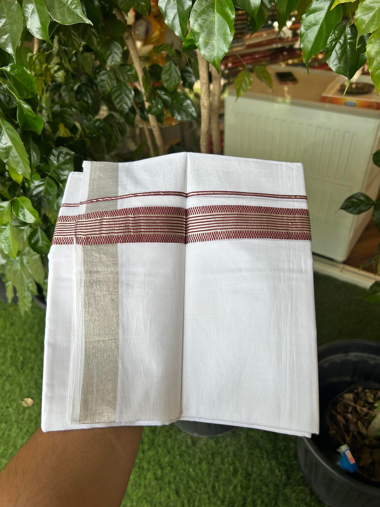 20% Discount ! Kaitharikada Balaramapuram 100% Cotton Pure White Double Mundu/Dothi - 100x100 - 1.5 inch Silver Kasav & Maroon Striped Design Kara - 92 KK5362 GAN