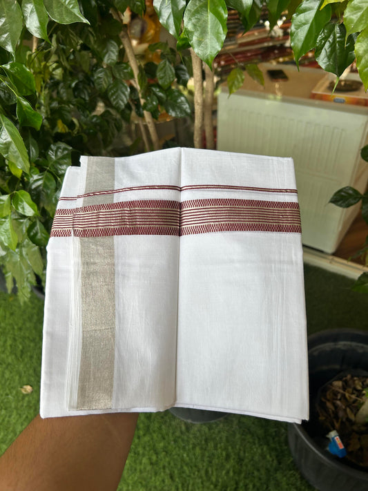 20% Discount ! Kaitharikada Balaramapuram 100% Cotton Pure White Double Mundu/Dothi - 100x100 - 1.5 inch Silver Kasav & Maroon Striped Design Kara - 92 KK5362 GAN