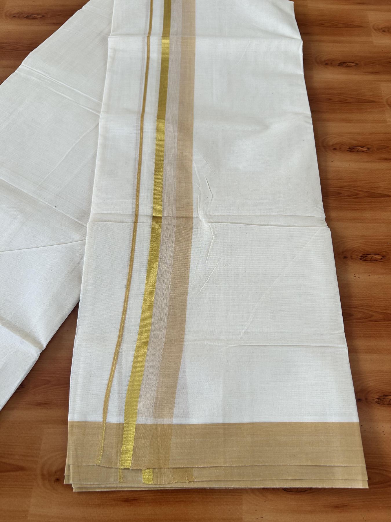 Double Off White (Unbleached) Mundu/Dothi- 20% Discount! Kaitharikada 100% Pure Cotton - 100x80 - 1.75 inch Gold Kasav & Sand Brown Shaded Kara 4 mtr (8.5 muzham) - 6 KK5455 THI