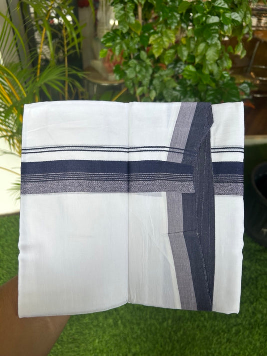 20% Discount ! Kaitharikada Balaramapuram 100% Cotton PURE WHITE Double Mundu/Dothi - 100x80 - 1.5 inch Navy Blue & Ash Violet Shaded Striped Kara - 38KK5182VAS