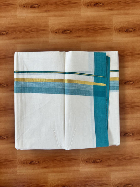 Double Off White (Unbleached) Mundu/Dothi- 20% Discount! Kaitharikada 100% Pure Cotton - 100x80 - 1.5 inch Gold Kasav & Teal Green Shaded Kara 4 mtr (8.5 muzham) - 9 KK5455 THI