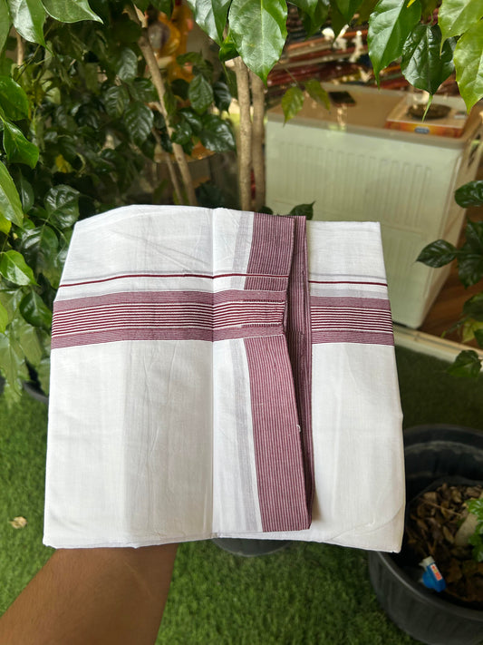 20% Discount ! Kaitharikada Balaramapuram 100% Cotton Pure White Double Mundu/Dothi - 100x100 - 1.5 inch Wine Maroon Striped Kara 4 M (8.5 Muzham) - 1 KK5362 GAN