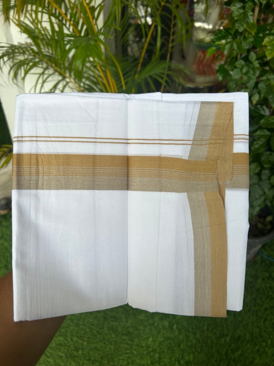 20% Discount ! Kaitharikada Balaramapuram 100% Cotton PURE WHITE Double Mundu/Dothi - 100x80 - 1.5 inch Peanut Brown & Grey Shaded Striped Kara - 41KK5182VAS