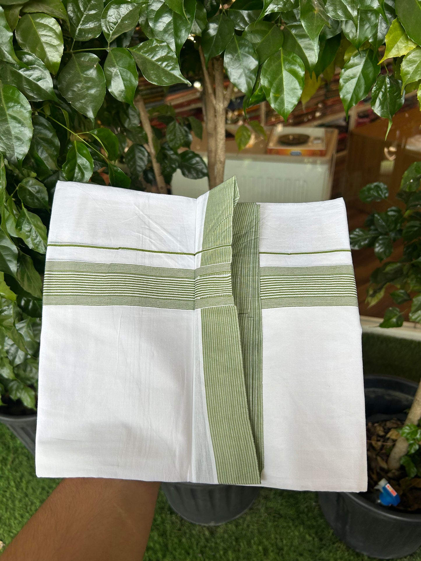 20% Discount ! Kaitharikada Balaramapuram 100% Cotton Pure White Double Mundu/Dothi -100x100 - 1.5 inch Green Striped Kara 4 M (8.5 Muzham) - 2 KK5362 GAN