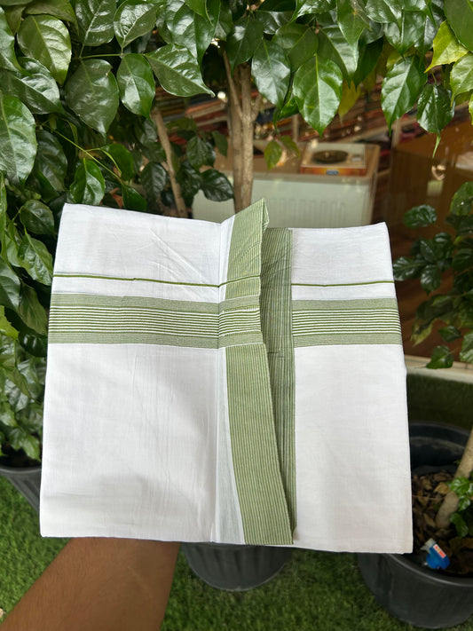 20% Discount ! Kaitharikada Balaramapuram 100% Cotton Pure White Double Mundu/Dothi -100x100 - 1.5 inch Green Striped Kara 4 M (8.5 Muzham) - 2 KK5362 GAN