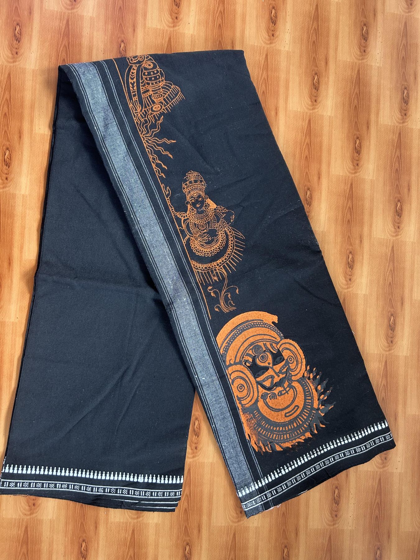 Kaitharikada - Single Kaily / Lungi - Mixed Cotton - 40s twisted - 1.75 inch Orange Theyyam Design printed kuppadam kara with Black colour body (2 meter / 4 muzham) - 5 KK8055 SAT