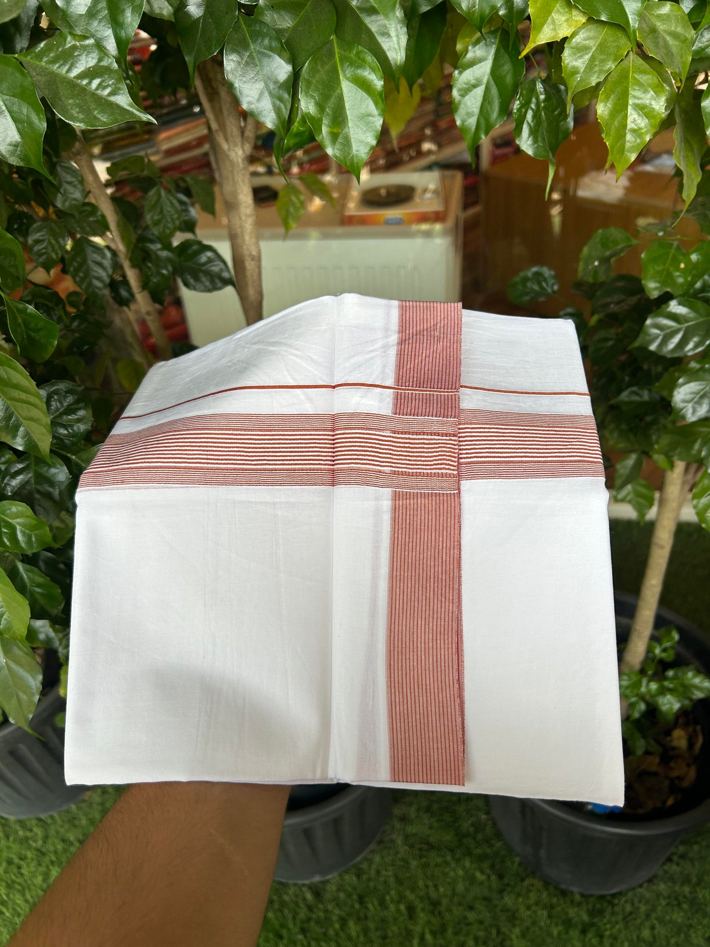 20% Discount ! Kaitharikada Balaramapuram 100% Cotton Pure White Double Mundu/Dothi - 100x100 - 1.5 inch Rust Orange Striped Kara -4 KK5362 GAN
