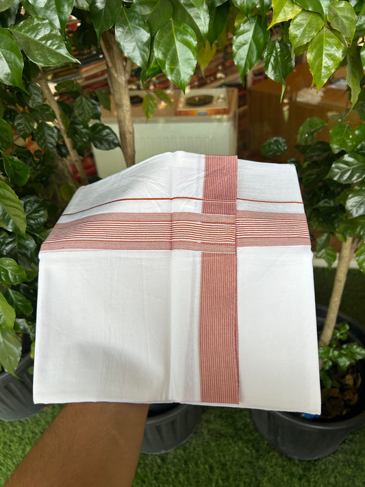 20% Discount ! Kaitharikada Balaramapuram 100% Cotton Pure White Double Mundu/Dothi - 100x100 - 1.5 inch Rust Orange Striped Kara -4 KK5362 GAN