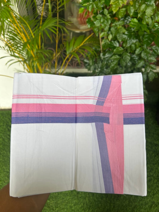 20% Discount ! Kaitharikada Balaramapuram 100% Cotton PURE WHITE Double Mundu/Dothi - 100x80 - 1.5 inch Violet & Pink Striped Kara - 67KK5182VAS