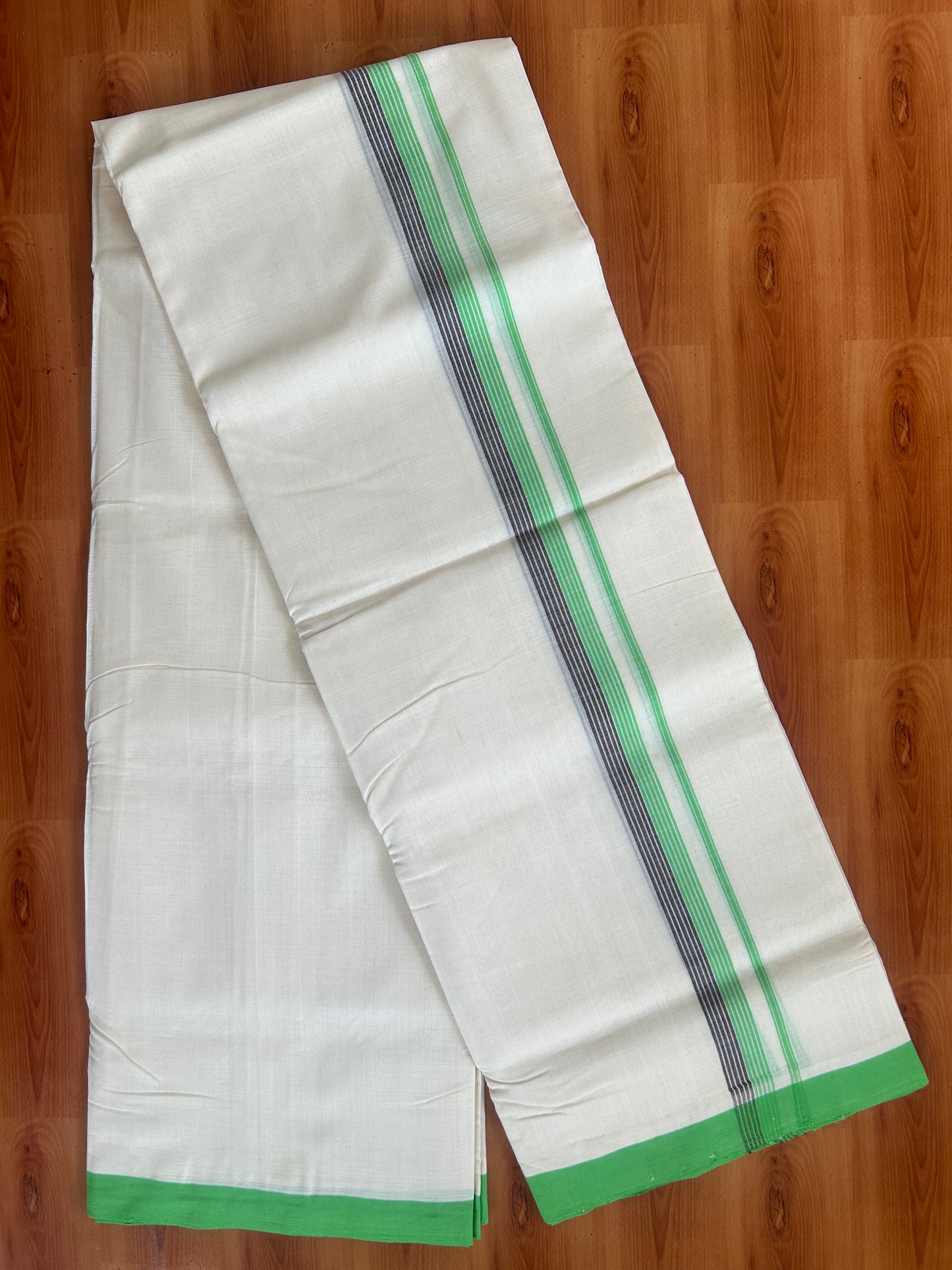 25% Discount ! KaithariKada Handloom Unakkupaav - Kerala Handloom - 100% Pure Cotton Off White (Unbleached) Double Mundu/Dhoti - 100X80 - 1 inch Parrot Green & Brown Striped Kara 3.80 Mtr (8 Muzham) - 26 KK5380 SOM