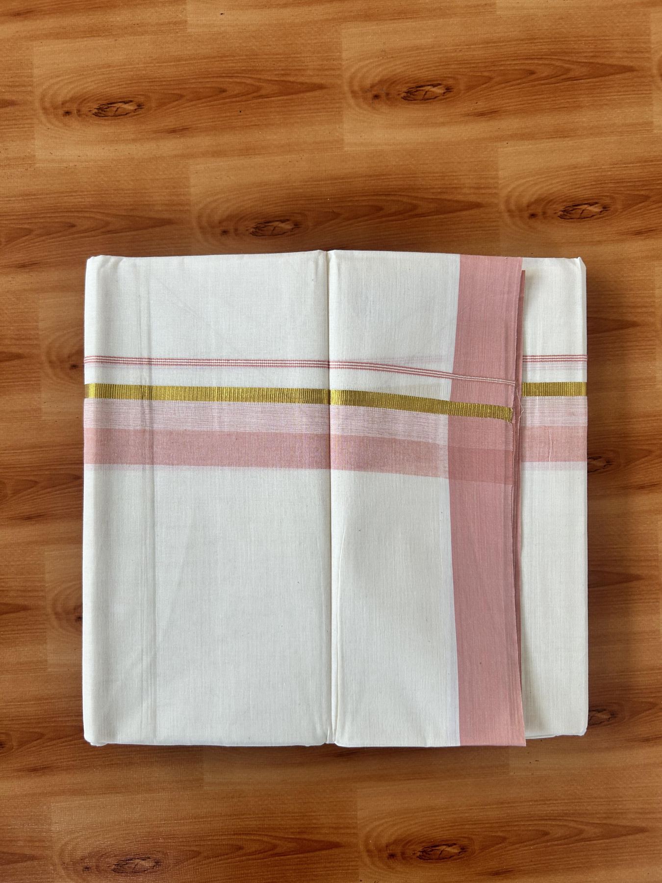 Double Off White (Unbleached) Mundu/Dothi- 20% Discount! Kaitharikada 100% Pure Cotton - 100x80 - 1.75 inch Gold Kasav & Peach pink Shaded Kara 4 mtr (8.5 muzham) - 11 KK5455 THI