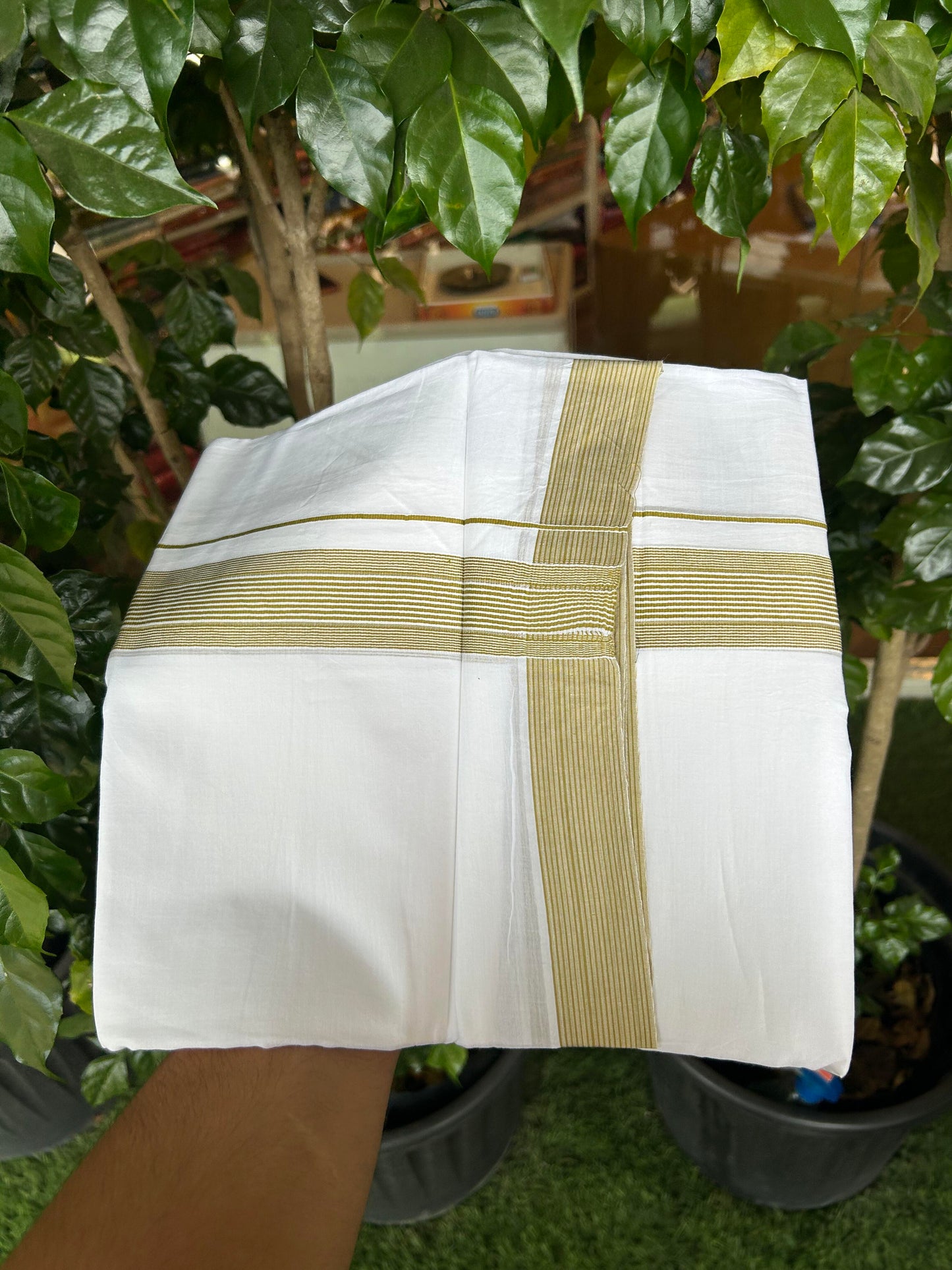 20% Discount ! Kaitharikada Balaramapuram 100% Cotton Pure White Double Mundu/Dothi - 100x100 - 1.5 inch Olive Green Striped Kara - 5 KK5362 GAN