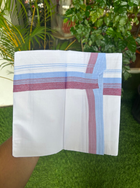 20% Discount ! Kaitharikada Balaramapuram 100% Cotton PURE WHITE Double Mundu/Dothi - 100x80 - 1.5 inch Sky Blue & Magenta Shaded Striped Kara - 40KK5182VAS