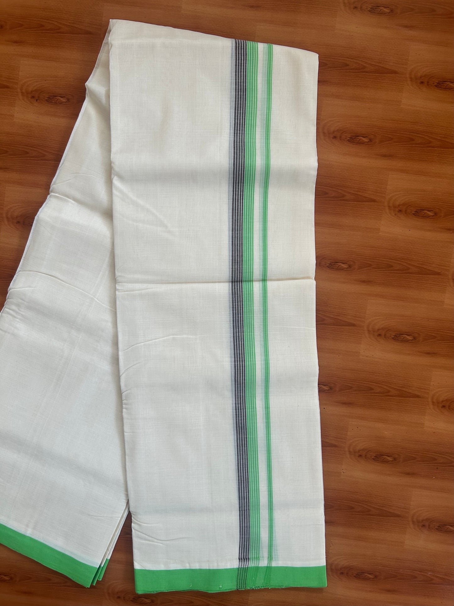 25% Discount ! KaithariKada Handloom Unakkupaav - Kerala Handloom - 100% Pure Cotton Off White (Unbleached) Double Mundu/Dhoti - 100X80 - 1 inch Parrot Green & Brown Striped Kara 3.80 Mtr (8 Muzham) - 26 KK5380 SOM