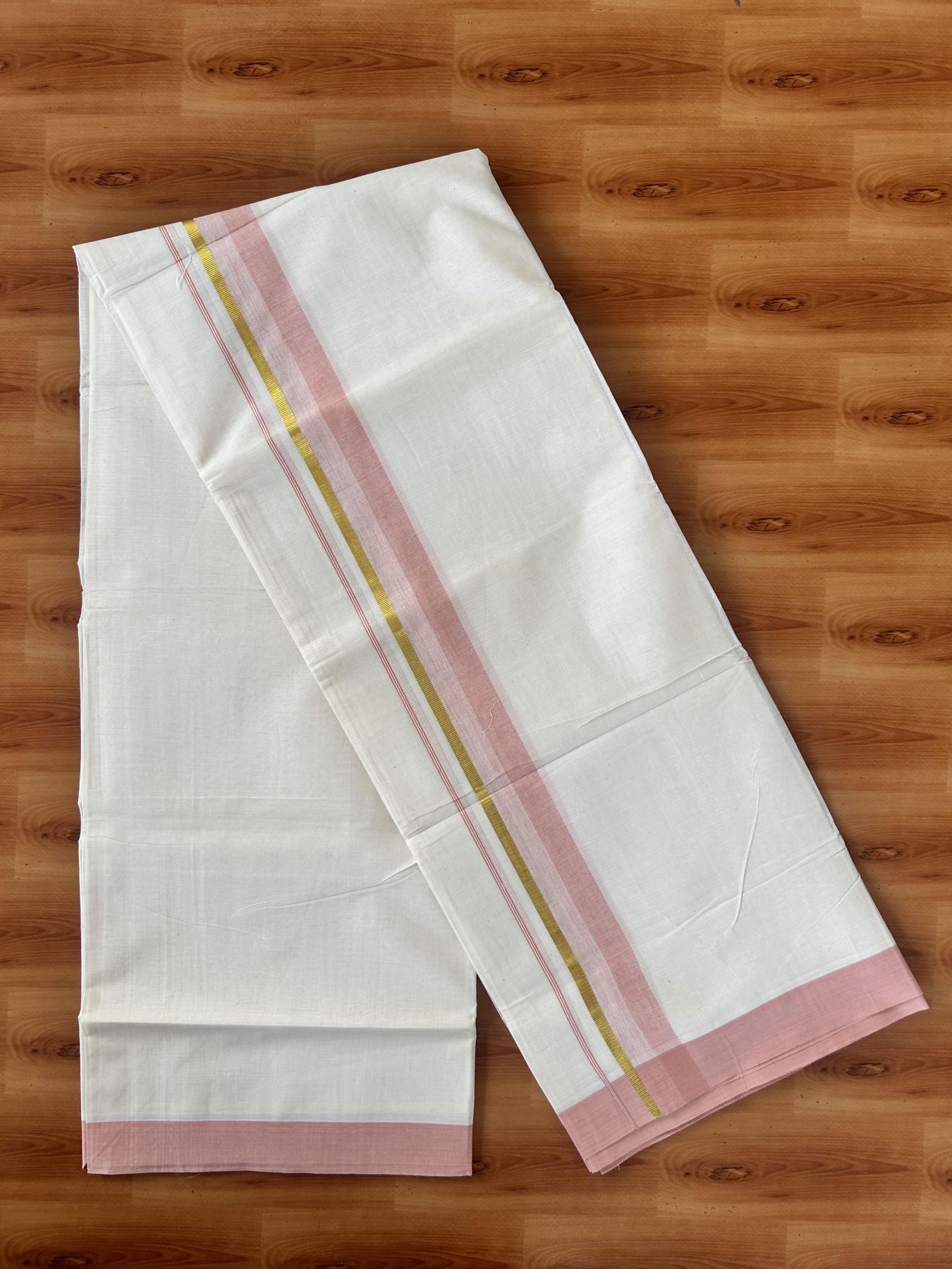 Double Off White (Unbleached) Mundu/Dothi- 20% Discount! Kaitharikada 100% Pure Cotton - 100x80 - 1.75 inch Gold Kasav & Peach pink Shaded Kara 4 mtr (8.5 muzham) - 11 KK5455 THI