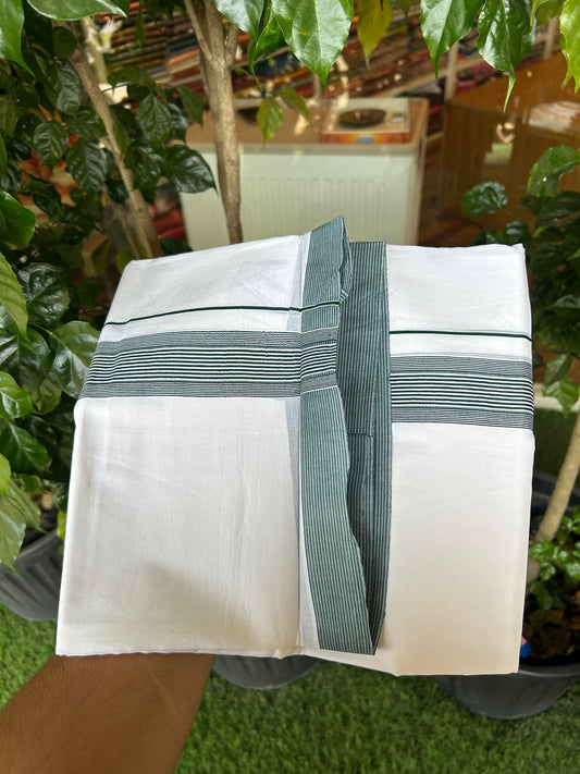20% Discount ! Kaitharikada Balaramapuram 100% Cotton Pure White Double Mundu/Dothi - 100x100 - 1.5 inch Dark Green Striped Kara - 3 KK5362 GAN