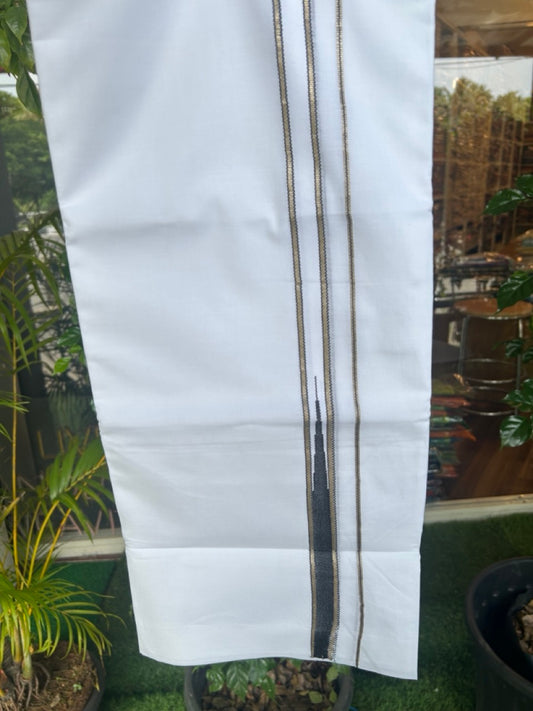 20% Discount ! Kaitharikada Balaramapuram 100% Cotton PURE WHITE Double Mundu/Dothi - 100x80 - 0.75 inch Silver Kasavu & Black Temple Chutty Kara - 31KK5182VAS