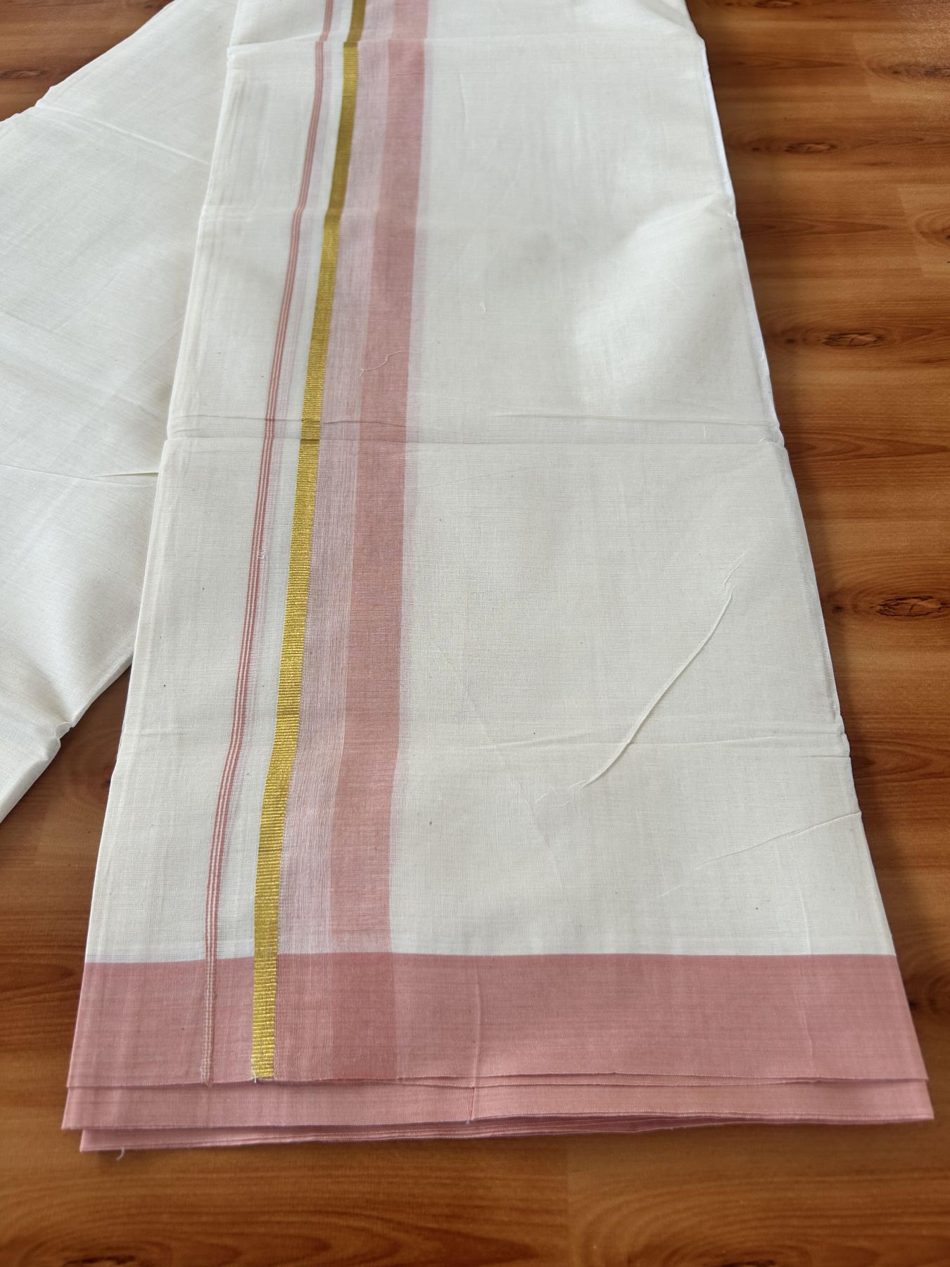 Double Off White (Unbleached) Mundu/Dothi- 20% Discount! Kaitharikada 100% Pure Cotton - 100x80 - 1.75 inch Gold Kasav & Peach pink Shaded Kara 4 mtr (8.5 muzham) - 11 KK5455 THI