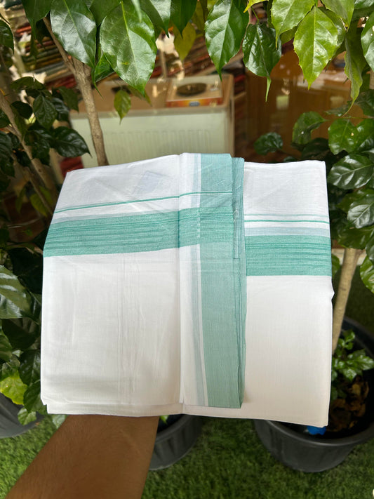 20% Discount ! Kaitharikada Balaramapuram 100% Cotton Pure White Double Mundu/Dothi - 100x100 - 1.5 inch Turquoise Green Striped Kara - 19 KK5362 GAN