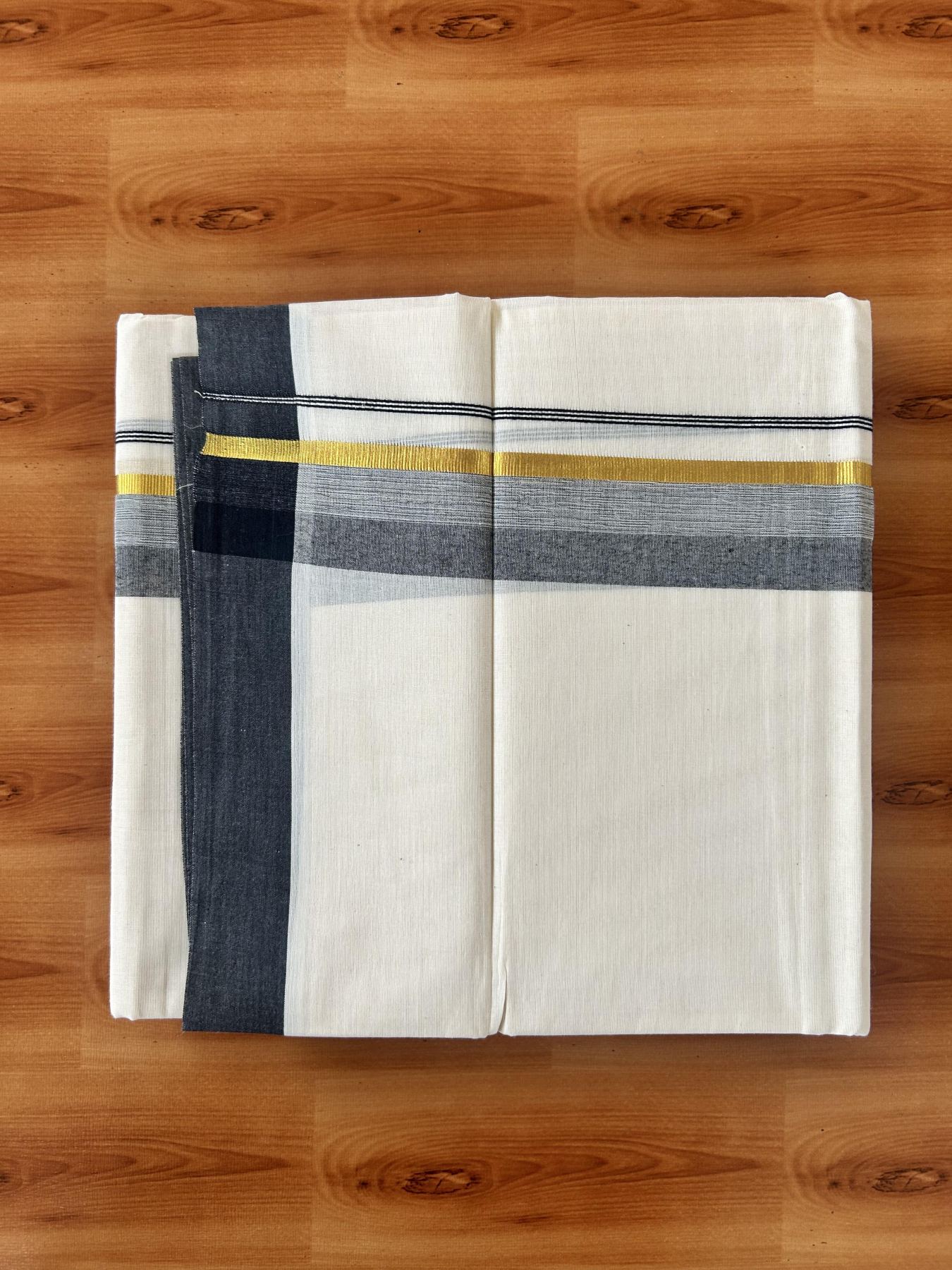Double Off White (Unbleached) Mundu/Dothi- 20% Discount! Kaitharikada 100% Pure Cotton - 100x80 - 1.75 inch Gold Kasav & Black Shaded Kara 4 mtr (8.5 muzham) - 8 KK5455 THI