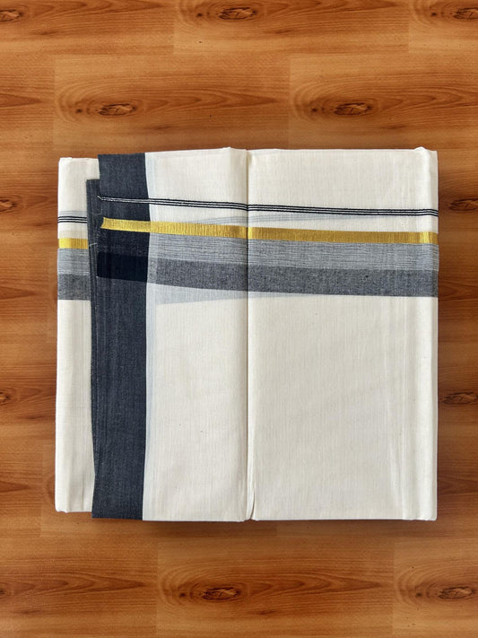 Double Off White (Unbleached) Mundu/Dothi- 20% Discount! Kaitharikada 100% Pure Cotton - 100x80 - 1.75 inch Gold Kasav & Black Shaded Kara 4 mtr (8.5 muzham) - 8 KK5455 THI