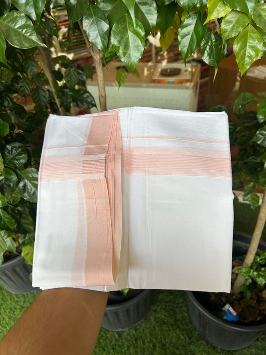 20% Discount ! Kaitharikada Balaramapuram 100% Cotton Pure White Double Mundu/Dothi - 100x100 - 1.5 inch Light Peach Pink Striped Kara - 6 KK5362 GAN