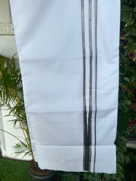 20% Discount ! Kaitharikada Balaramapuram 100% Cotton PURE WHITE Double Mundu/Dothi - 100x80 -0.75 inch Silver Kasavu & Black Stripes Chutty Kara - 32KK5182VAS