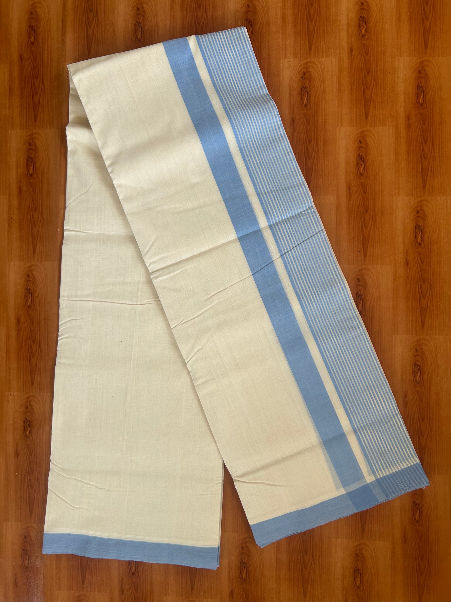 25% Discount!! KaithariKada Handloom Unakkupaav - Kerala Handloom - 100% Pure Cotton Off White - (Unbleached) Double Mundu/Dhoti - 100 x 80 - 5.5 inch Blue Side Stripes Kara 3.80 meter (8 Muzham) - 30 KK5380 SOM