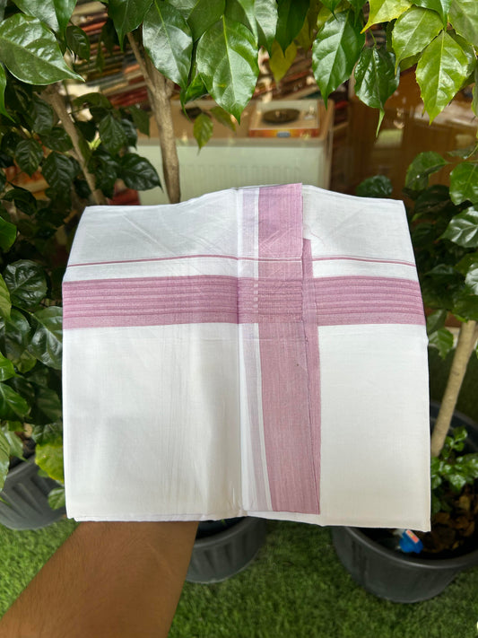 20% Discount ! Kaitharikada Balaramapuram 100% Cotton Pure White Double Mundu/Dothi - 100x100 - 1.5 inch Dusty Wine Striped Kara - 14 KK5362 GAN