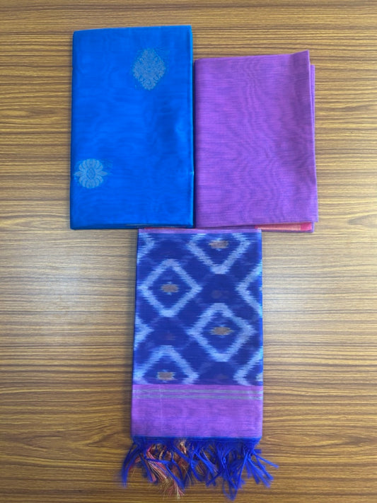 10% Discount!! Kaitharikada Traditional Kerala Style - COTTON SILK Churidar Suit Material - Royal Blue ,Purple & Pink kasav Design - 6KK4003KHA