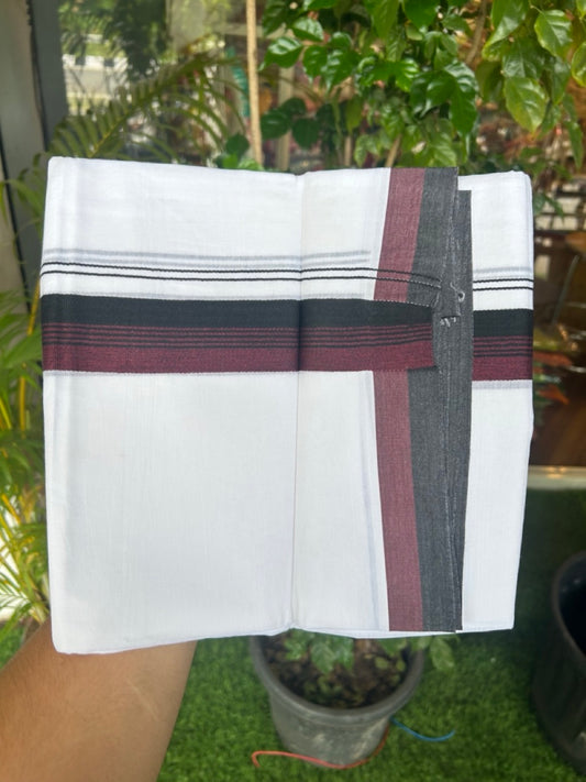 20% Discount ! Kaitharikada Balaramapuram 100% Cotton PURE WHITE Double Mundu/Dothi - 100x80 - 1.5 inch Black & Dark Maroon Shaded Striped Kara - 39KK5182VAS