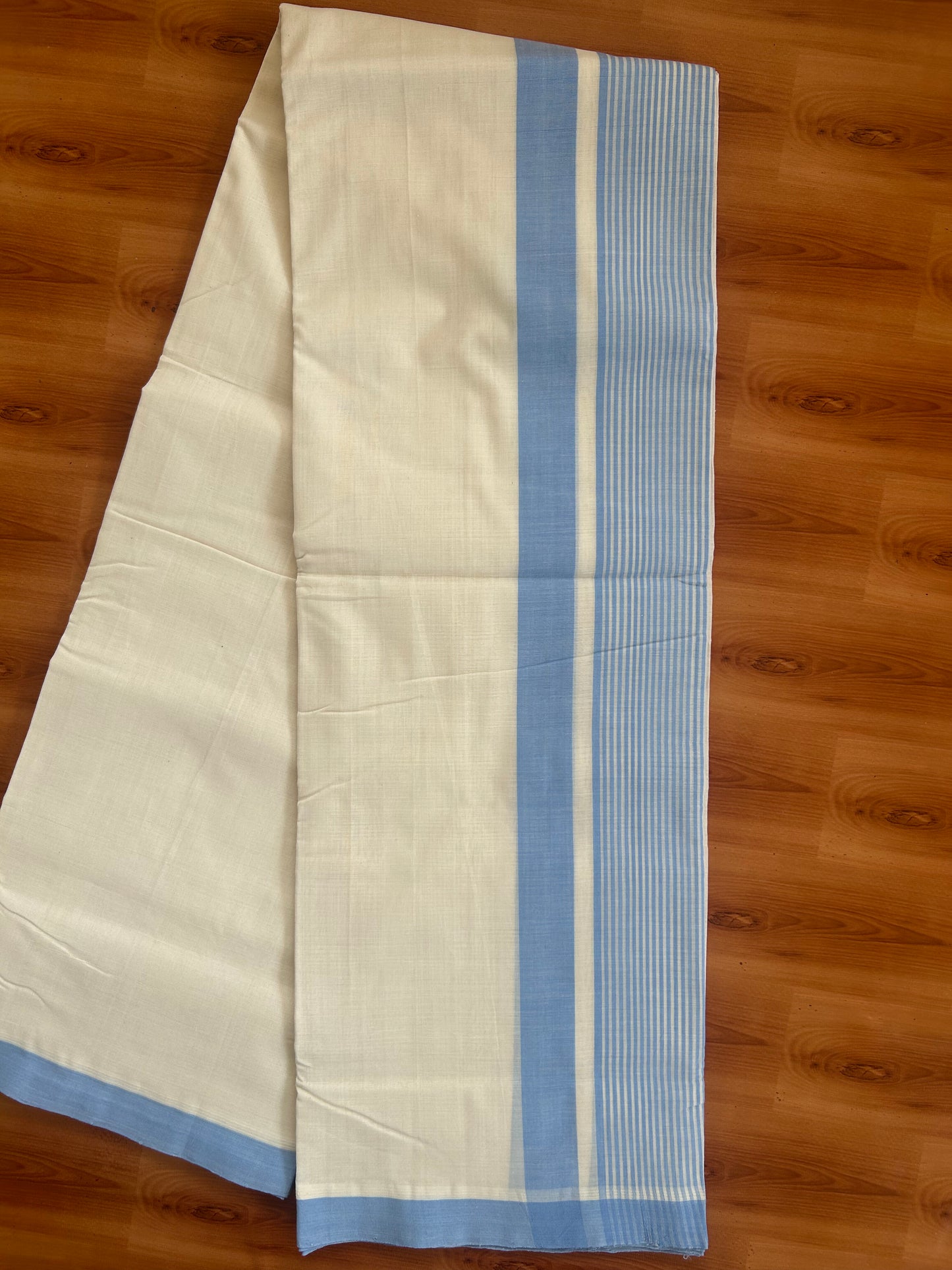 25% Discount!! KaithariKada Handloom Unakkupaav - Kerala Handloom - 100% Pure Cotton Off White - (Unbleached) Double Mundu/Dhoti - 100 x 80 - 5.5 inch Blue Side Stripes Kara 3.80 meter (8 Muzham) - 30 KK5380 SOM