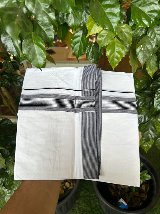20% Discount ! Kaitharikada Balaramapuram 100% Cotton Pure White Double Mundu/Dothi - 100x100 - 1.5 inch Black Striped Kara - 7 KK5362 GAN