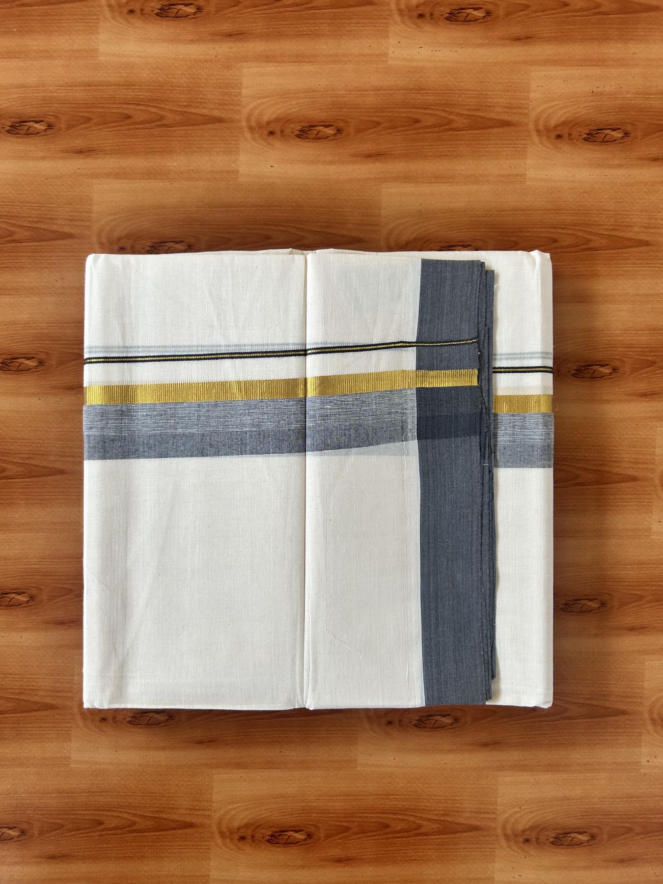 Double Off White (Unbleached) Mundu/Dothi- 20% Discount! Kaitharikada 100% Pure Cotton - 100x80 - 1.75 inch Gold Kasav & greyish navy blue Shaded Kara 4 mtr (8.5 muzham) - 7 KK5455 THI