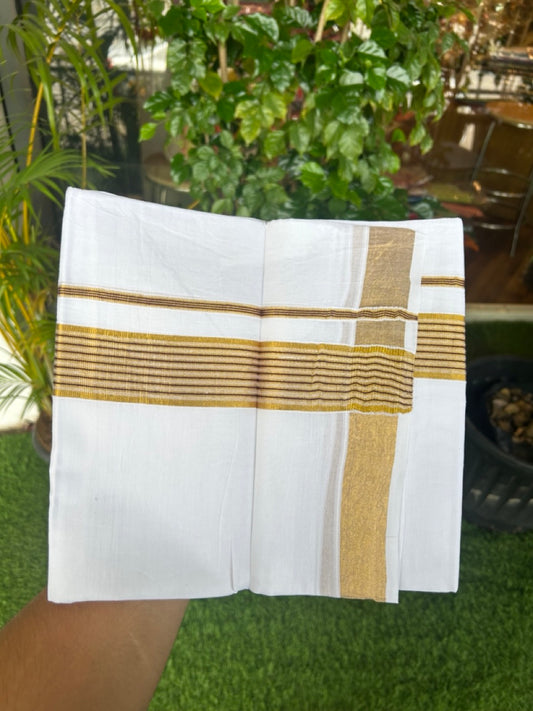 20% DISCOUNT! Kaitharikada Balaramapuram 100% Cotton PURE WHITE Double Mundu/Dothi - 80x80 - 1.75 Inch Gold Kasavu & Navy Blue striped Kara - 25KK5182VAS