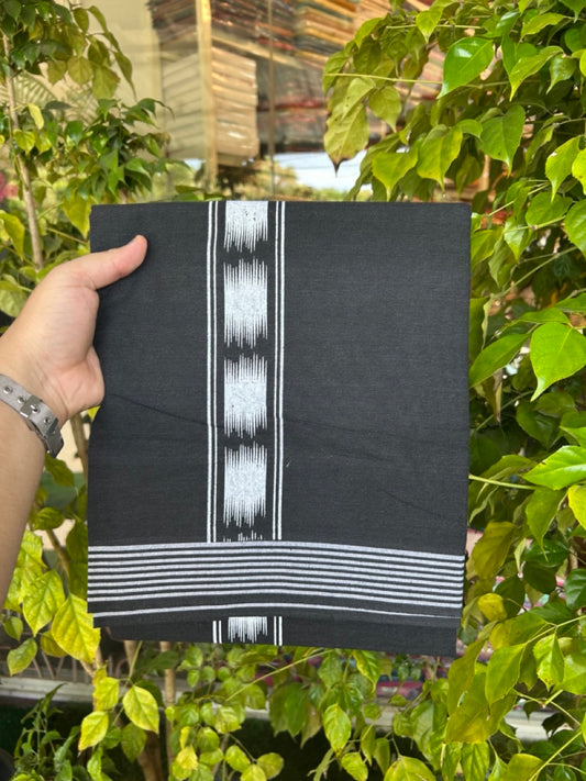 18% Discount! Cotton 80% & Polyester 20%. Kaitharikada Single Black - Kaily / Lungi - 40s - 2 inch Printed Kara Stripes Border (2 meter / 4 muzham) - 11 KK8040 MUT