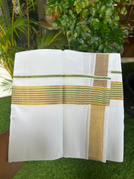 20% DISCOUNT! Kaitharikada Balaramapuram 100% Cotton PURE WHITE Double Mundu/Dothi- 80x80 - 1.75 Inch Gold Kasavu & Blue Green striped Kara -26KK5182VAS