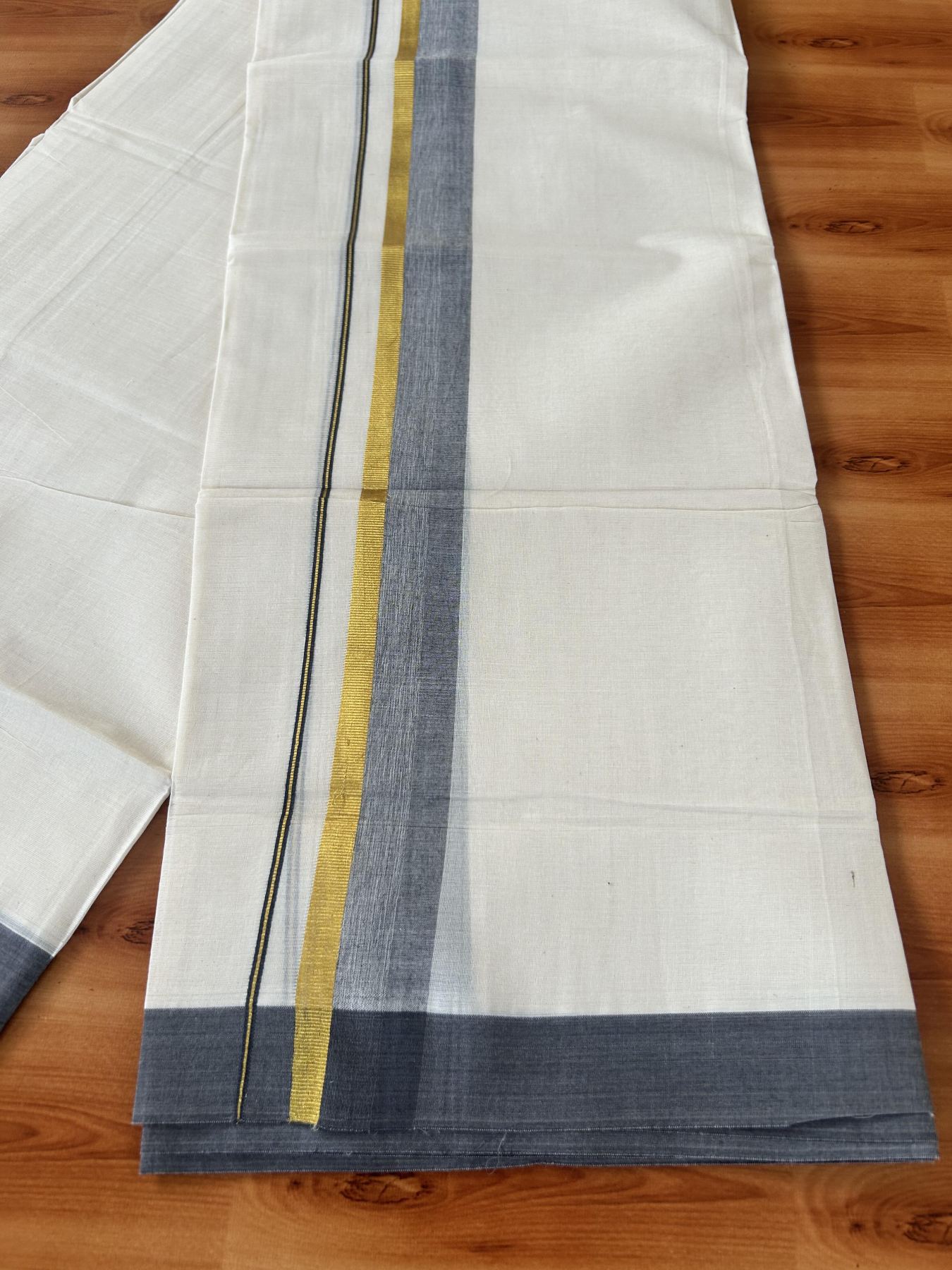 Double Off White (Unbleached) Mundu/Dothi- 20% Discount! Kaitharikada 100% Pure Cotton - 100x80 - 1.75 inch Gold Kasav & greyish navy blue Shaded Kara 4 mtr (8.5 muzham) - 7 KK5455 THI