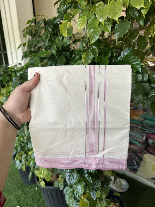 20% Discount ! KaithariKada Balaramapuram 100% Cotton Double Off White - (Unbleached) - Mundu / Dhoti- 100x80 -  1.25 inch Puliyilakkara Silver Kasav & Pink shaded striped chutty Kara - 4 mtr (8.5 Muzham) - 37 KK5340 VIN