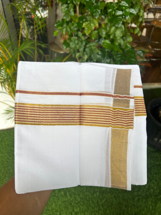 20% DISCOUNT! Kaitharikada Balaramapuram 100% Cotton PURE WHITE Double Mundu/Dothi- 80x80 - 1.75 Inch Gold Kasavu & Red striped Kara - 27KK5182VAS