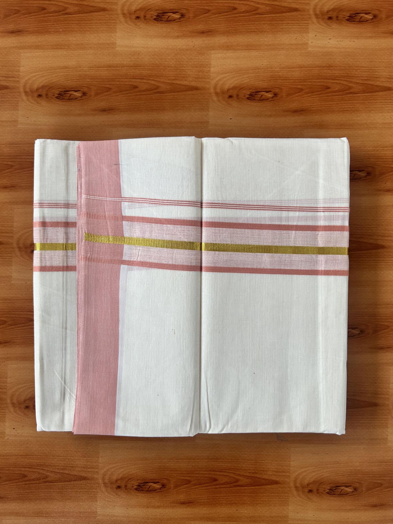 Double Off White (Unbleached) Mundu/Dothi- 20% Discount! Kaitharikada 100% Pure Cotton - 100x80 - 1.75 inch Gold Kasav & Peach pink Shaded Kara 4 mtr (8.5 muzham) - 12 KK5455 THI