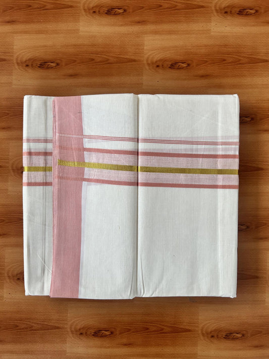 Double Off White (Unbleached) Mundu/Dothi- 20% Discount! Kaitharikada 100% Pure Cotton - 100x80 - 1.75 inch Gold Kasav & Peach pink Shaded Kara 4 mtr (8.5 muzham) - 12 KK5455 THI