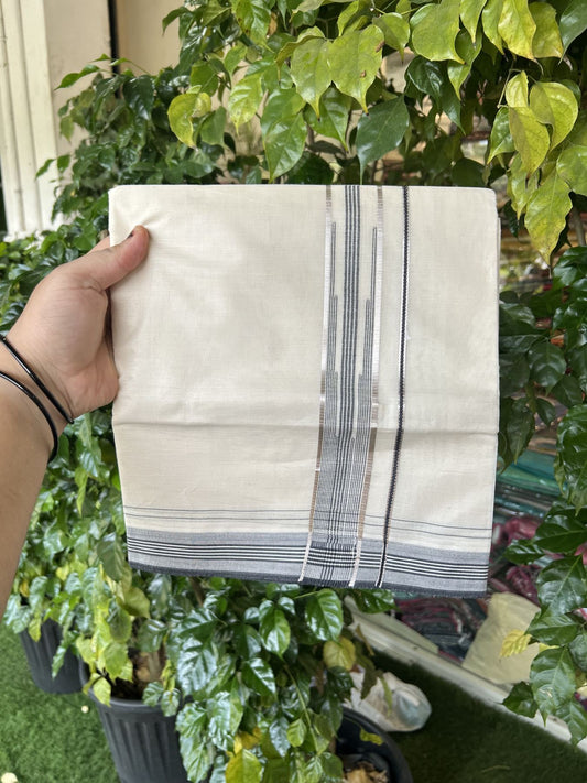 20% Discount ! KaithariKada Balaramapuram 100% Cotton Double Off White - (Unbleached) - Mundu / Dhoti- 100x80 -  1.25 inch Puliyilakkara Silver Kasav & Black shaded striped chutty Kara - 4 mtr (8.5 Muzham) - 38 KK5340 VIN