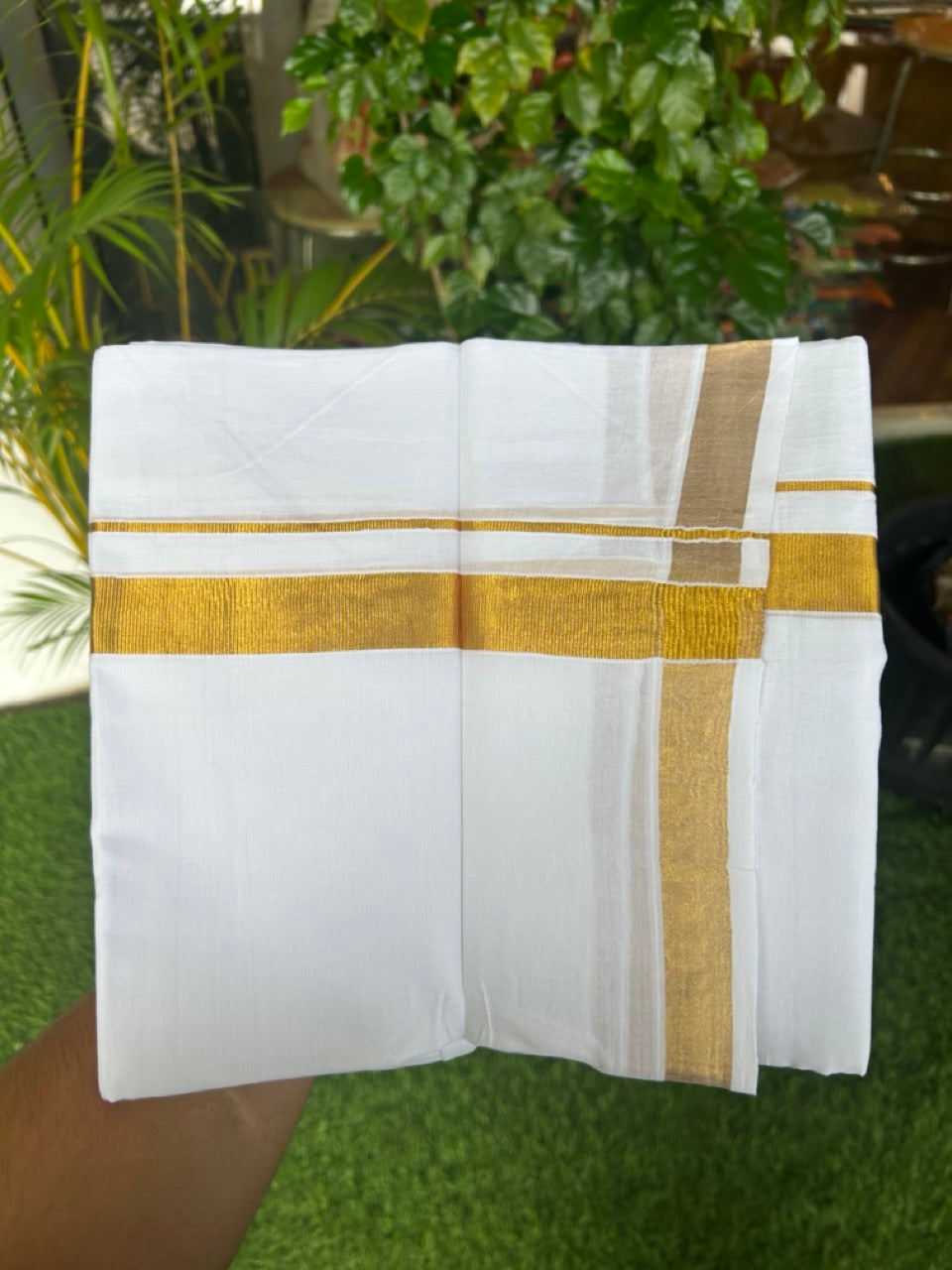 20% DISCOUNT! Kaitharikada Balaramapuram 100% Cotton PURE WHITE Double Mundu/Dothi - 80x80 - 1 Inch Gold Kasav Kara - 28KK5182VAS